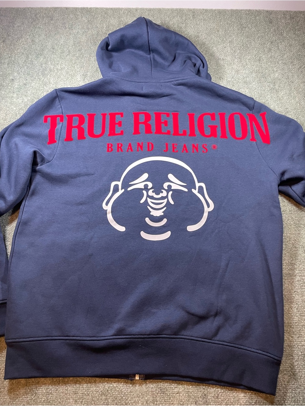 True Religion Men's Navy Zip-Up Hoodie with Red Logo and White Graphic